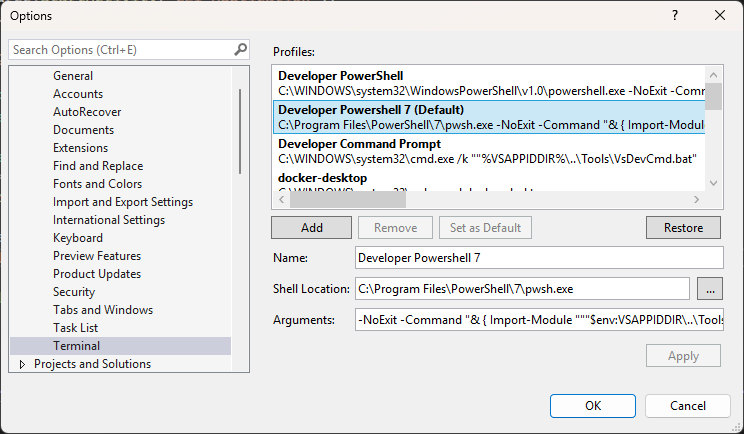 Correct terminal path in Visual Studio 2022