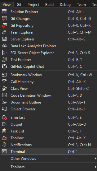 Open the terminal window in Visual Studio 2022