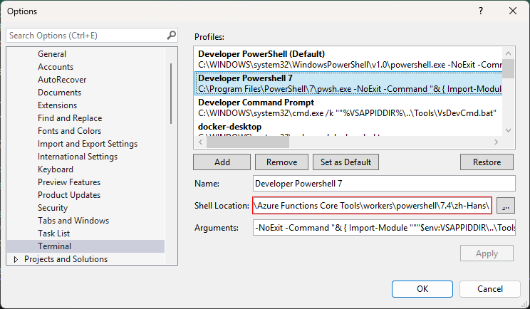 Terminal settings in Visual Studio 2022
